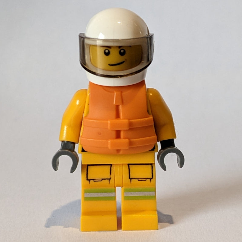fig-002120 – Fireman, Bright Light Orange Fire Suit, White Helmet with Visor, Orange Life Vest