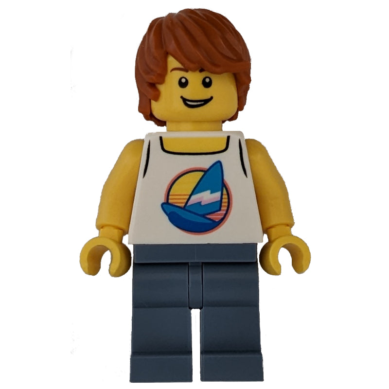 fig-002121 – Surfer, White Tank Top with Windsurfer, Sand Blue Legs