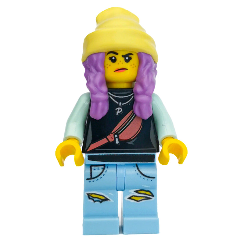 fig-002126 – Parker L. Jackson, Black Top, Bright Light Yellow Beanie Hat, Medium Lavender Hair
