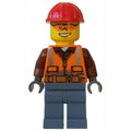 fig-002132 – Lumberjack, Orange Safety Vest with Zipper over Reddish Brown Shirt, Sand Blue Legs, Red Hard Hat, Orange Safety Glasses