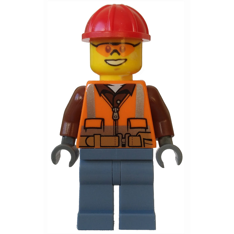 fig-002132 – Lumberjack, Orange Safety Vest with Zipper over Reddish Brown Shirt, Sand Blue Legs, Red Hard Hat, Orange Safety Glasses