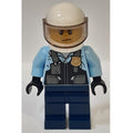 fig-002137 – Policeman, Black Vest with Badge and Pouches over Bright Light Blue Shirt, Dark Blue Legs, White Helmet with Visor