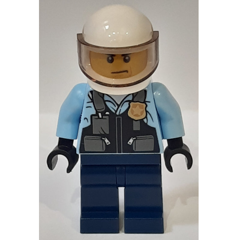 fig-002137 – Policeman, Black Vest with Badge and Pouches over Bright Light Blue Shirt, Dark Blue Legs, White Helmet with Visor