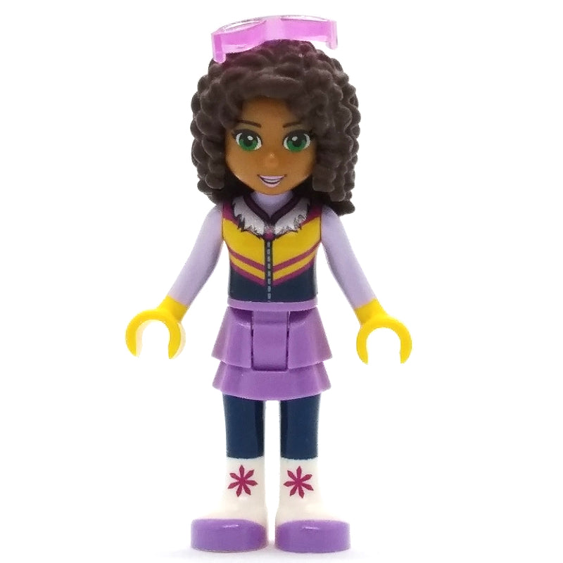 fig-002605 – Andrea - Bright Light Orange Ski Vest, Medium Lavender Skirt, Glasses