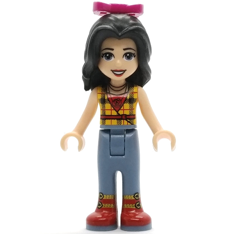 fig-002655 – Vicky - Yellow Plaid Shirt, Sand Blue Trousers, Magenta Bow