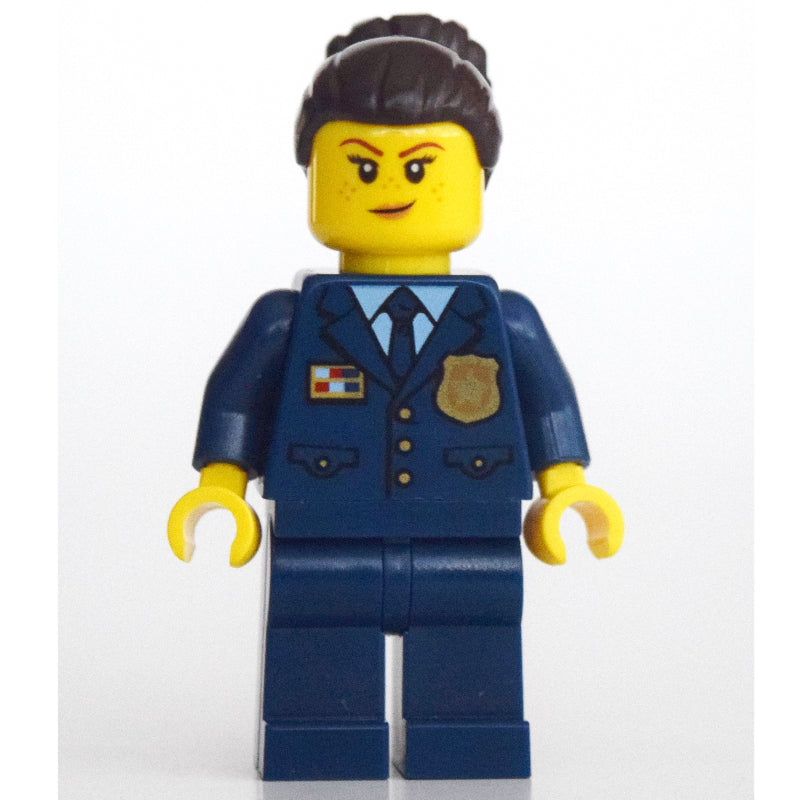 fig-003389 – Policewoman, Dark Blue Suit and Tie, Dark Brown Bun Hair