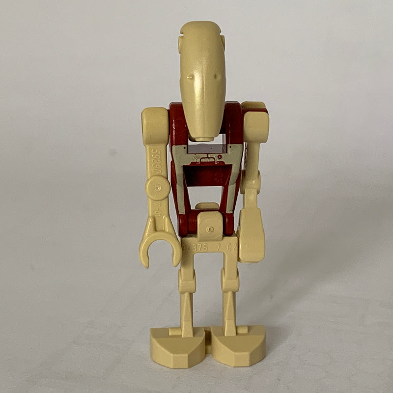 fig-003704 – Battle Droid Security, Dark Red Torso with Tan Print and Three Red Dots, One Bent Arm, One Straight Arm