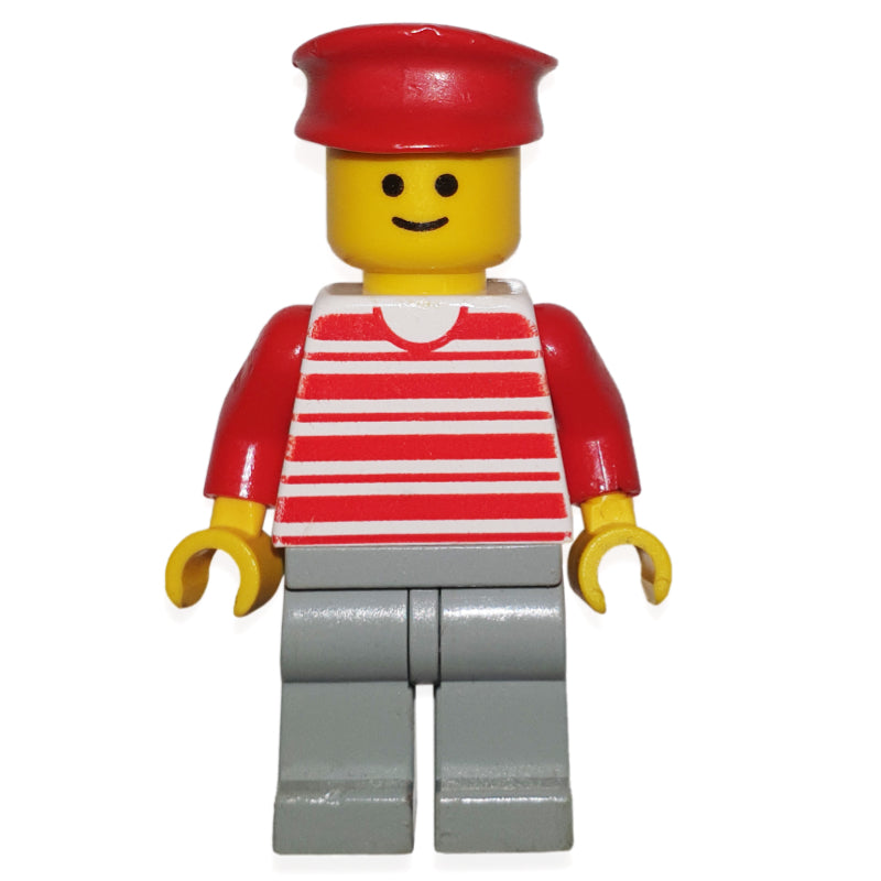 fig-004395 – Man - Red/White Striped Shirt, Red Arms, Light Grey Legs, Red Hat