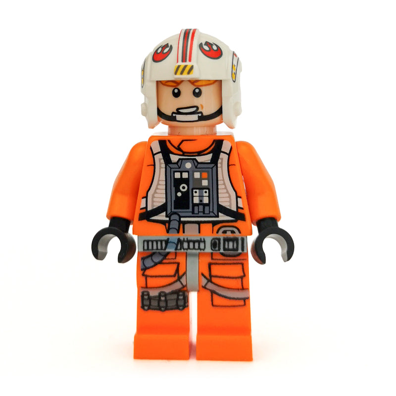 fig-004412 – Luke Skywalker, Orange Rebel Pilot Outfit, Light Bluish Gray Hips, Black Hands, Printed Visor