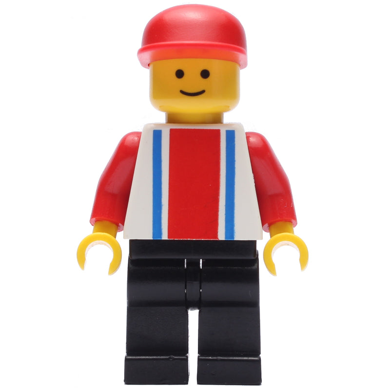 fig-004473 – Man - White Torso with Blue/Red Stripes, Black Legs, Red Cap