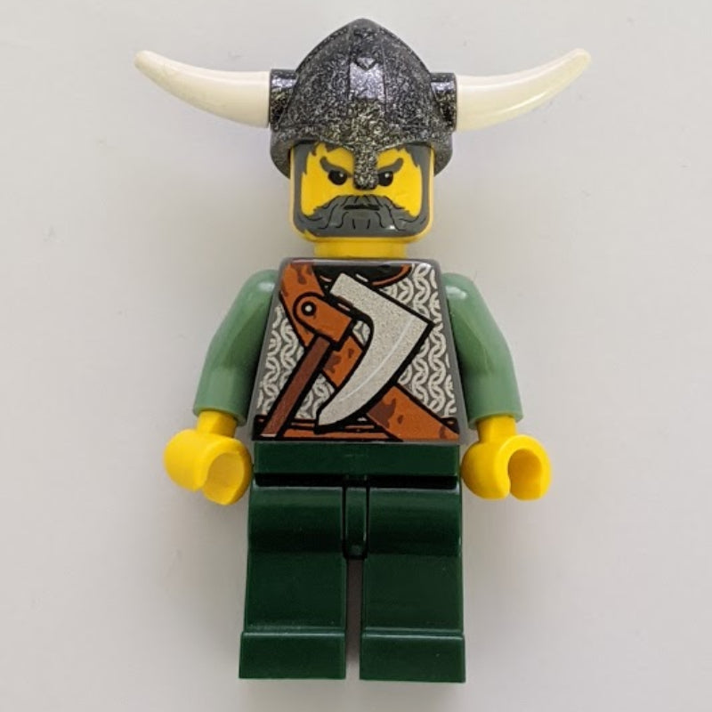fig-004678 – Viking Warrior - Armour, Battle Axe on Torso, Sand Green Arms, Dark Green Legs, Gray Hair