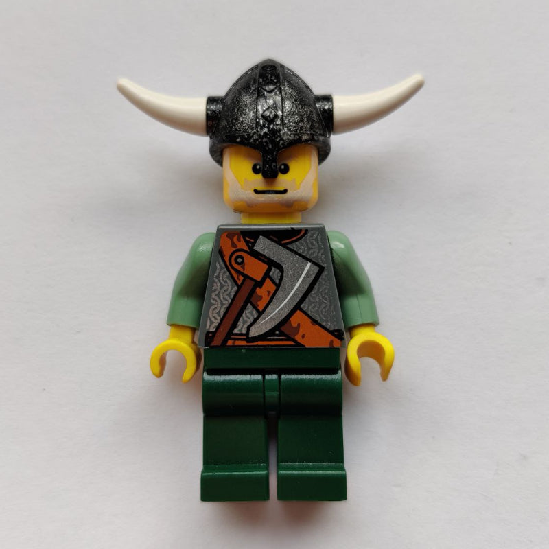 fig-004684 – Viking Warrior - Armour, Battle Axe on Torso, Sand Green Arms, Dark Green Legs, Light Gray Hair