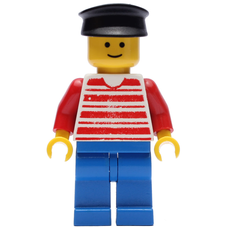 fig-004688 – Man - Red/White Striped Shirt, Red Arms, Blue Legs, Black Hat