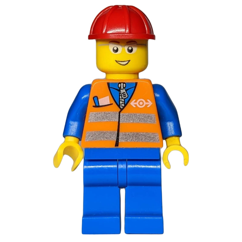 fig-004739 – Worker - Orange Safety Vest, Blue Legs, Red Helmet, Glasses