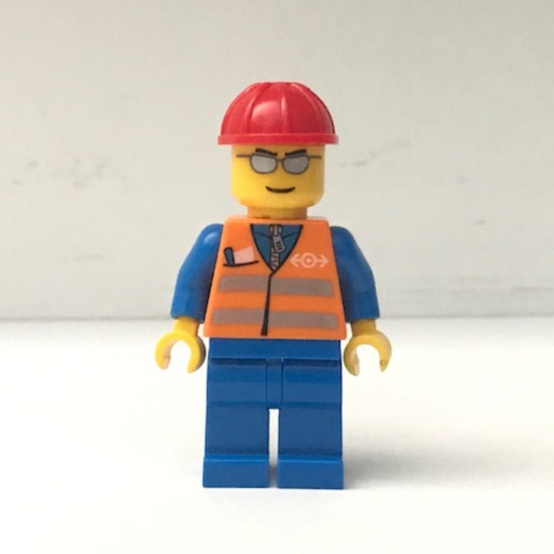 fig-004740 – Worker - Orange Safety Vest, Blue Legs, Red Helmet, Silver Glasses