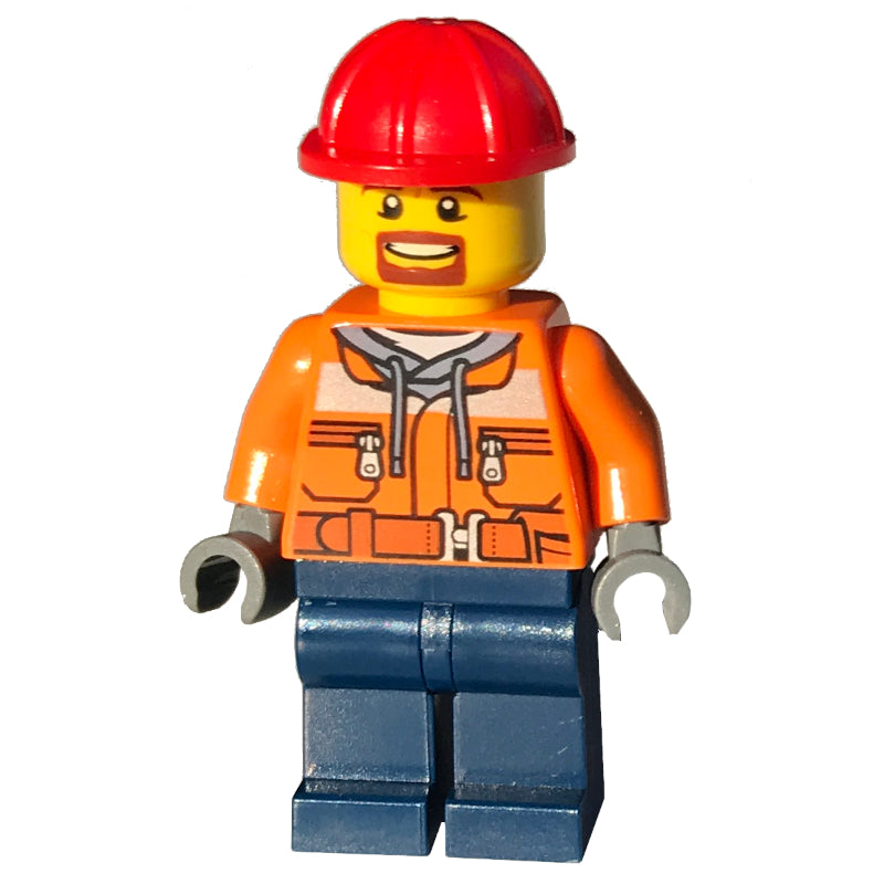 fig-004743 – Forklift Driver - Orange Vest, Dark Blue Legs, Red Helmet