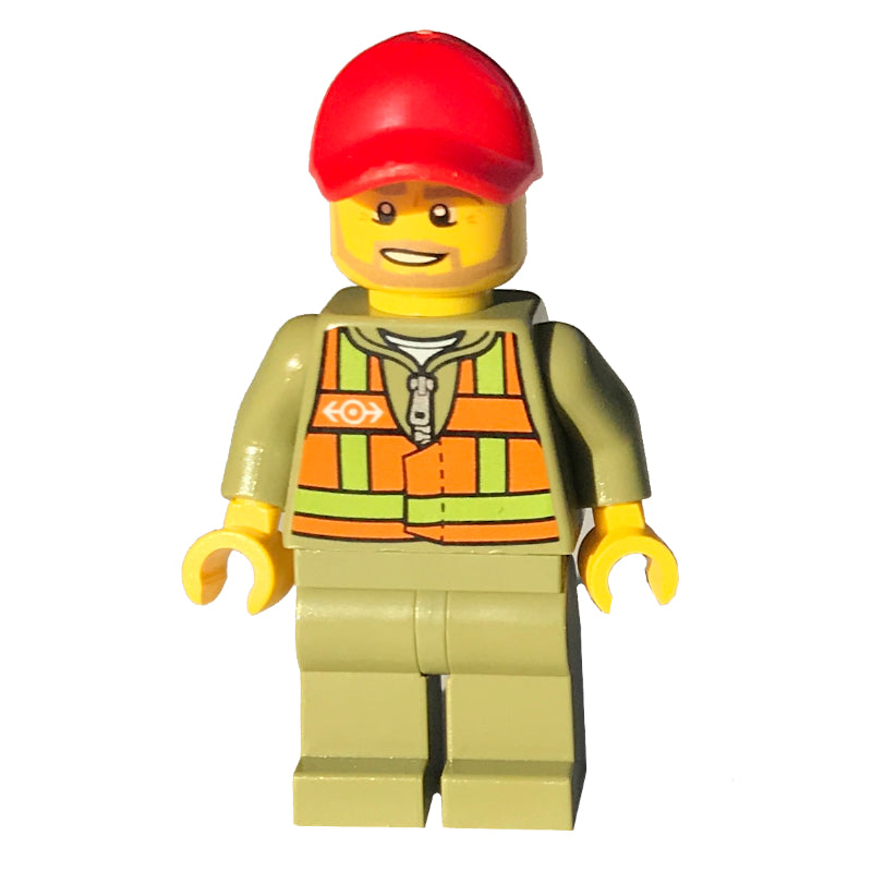 fig-004746 – Train Driver - Orange Vest, Olive Green Legs, Red Cap