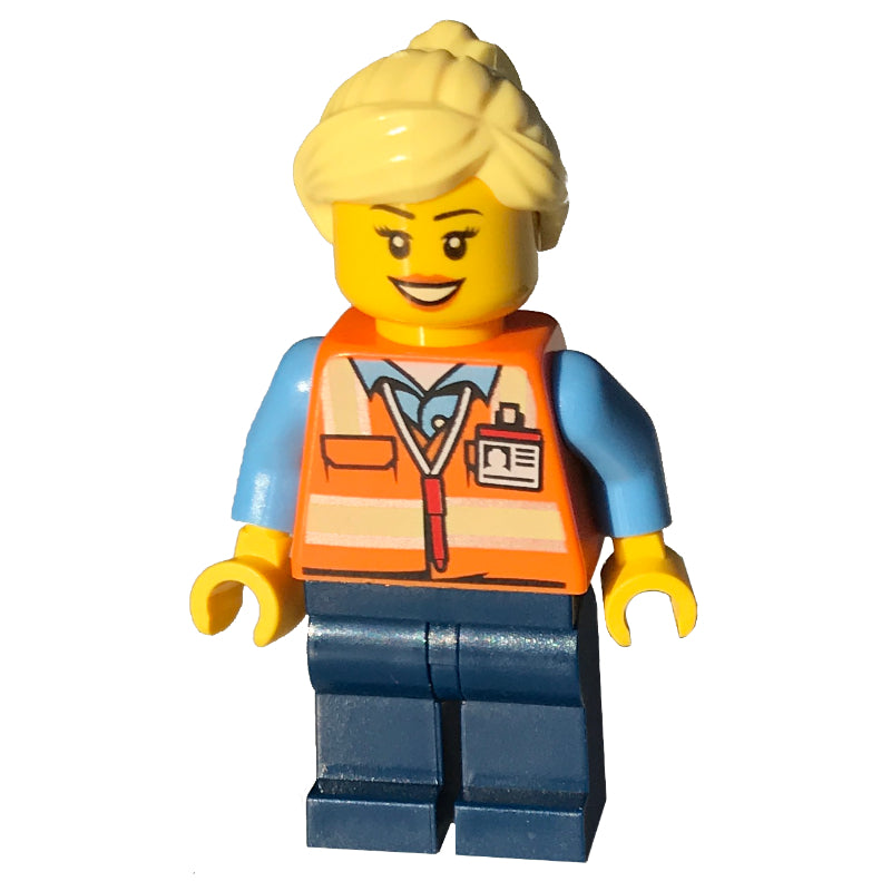 fig-004748 – Train Worker - Orange Vest, Dark Blue Legs, Light Yellow Hair, Female