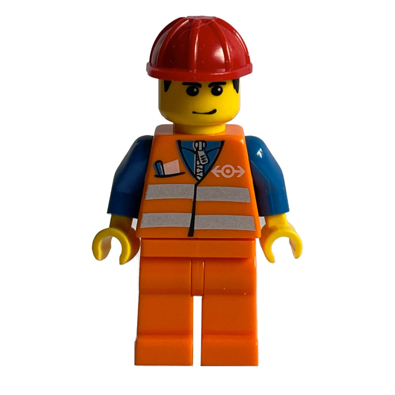 fig-004750 – Train Worker - Orange Safety Vest, Orange Legs, Red Helmet