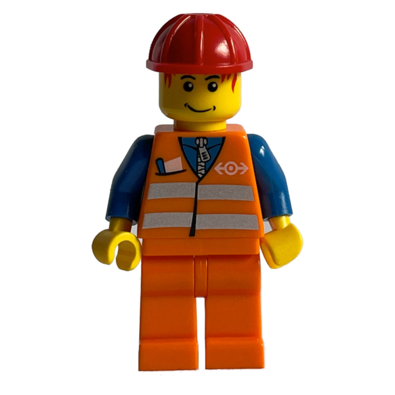 fig-004752 – Train Worker - Orange Safety Vest, Orange Legs, Red Helmet, red Hair