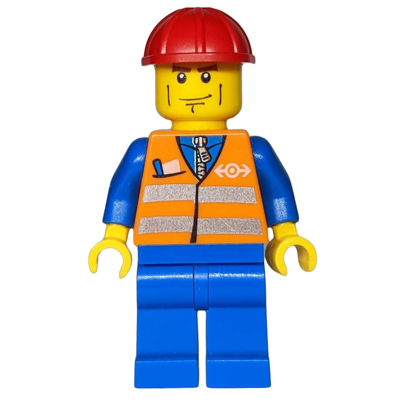 fig-004771 – Worker - Orange Safety Vest, Blue Legs, Red Helmet