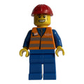 fig-004773 – Worker - Orange Safety Vest, Blue Legs, Red Helmet, Grin