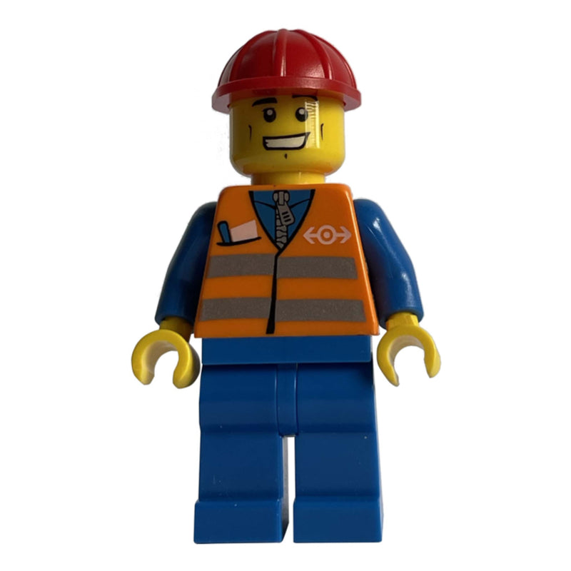 fig-004773 – Worker - Orange Safety Vest, Blue Legs, Red Helmet, Grin