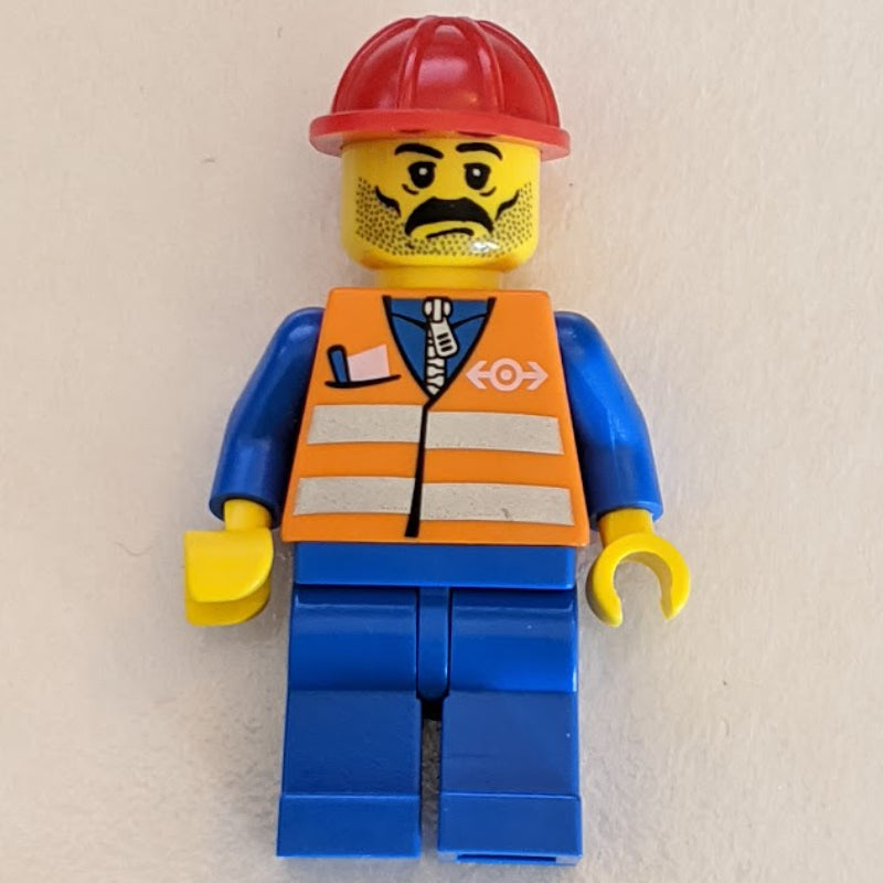 fig-004779 – Worker - Orange Safety Vest, Blue Legs, Red Helmet, Black Moustache