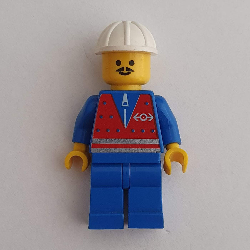 fig-004789 – Train Worker - Red Vest, Blue Legs, White Helmet, Moustache