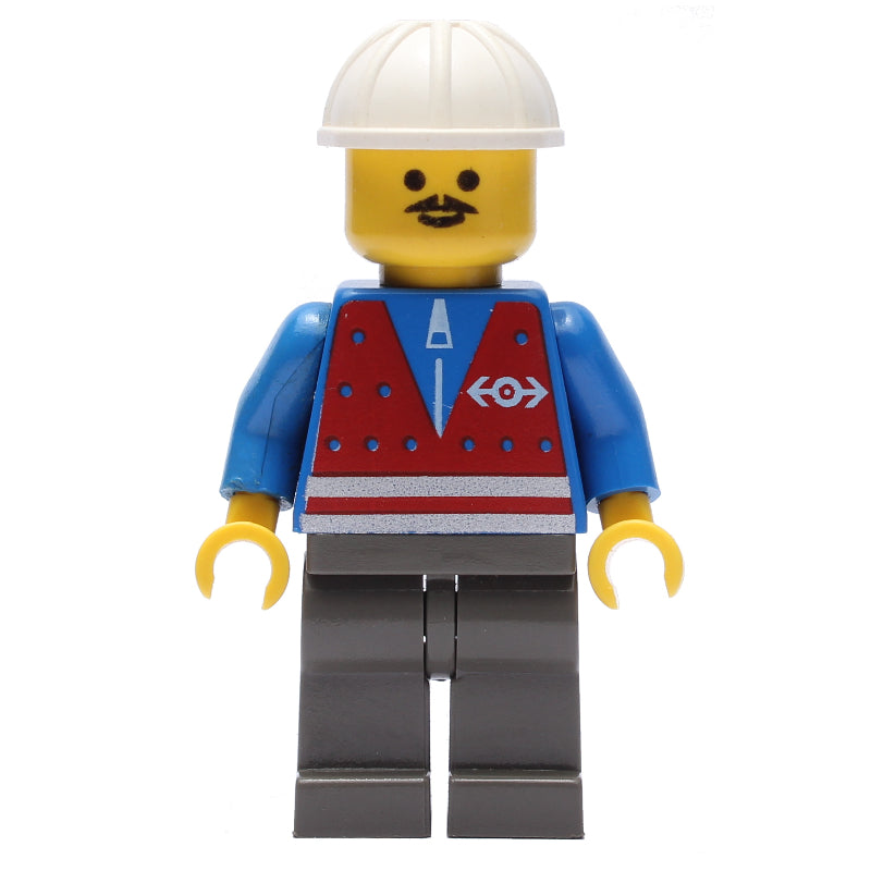 fig-004809 – Train Worker - Red Vest, Dark Gray Legs, White Helmet, Moustache