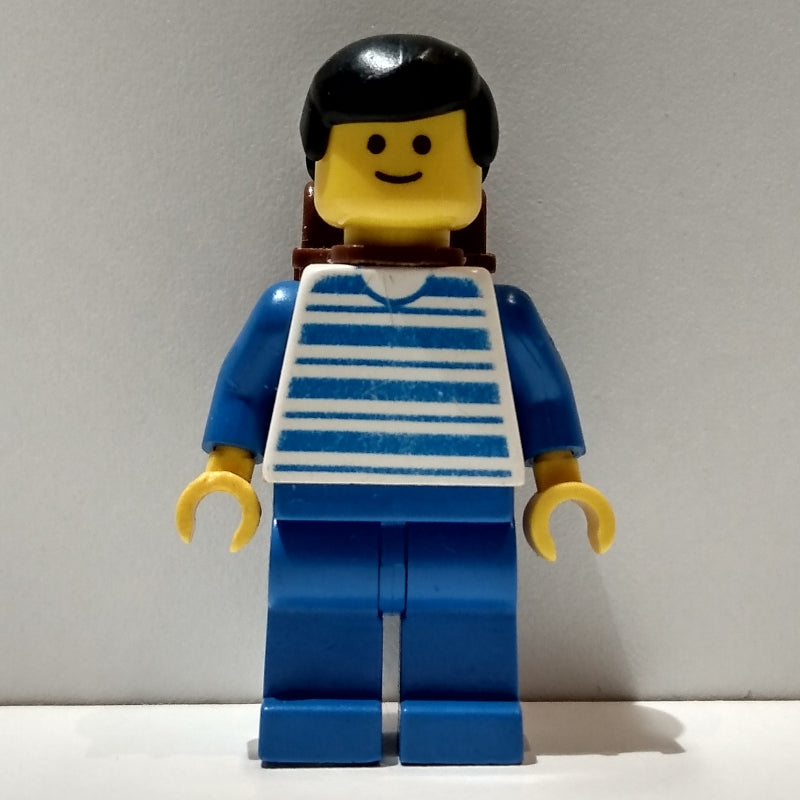 fig-004820 – Man - Blue/White Striped Torso, Blue Legs, Brown Backpack