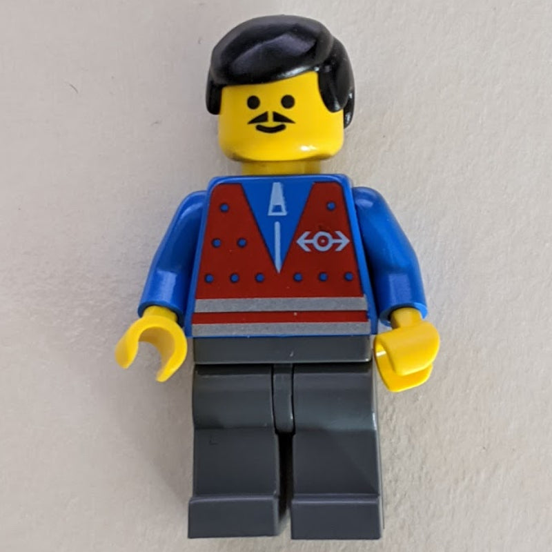 fig-004910 – Train Worker - Red Vest, Dark Gray Legs, Black Hair, Mustache