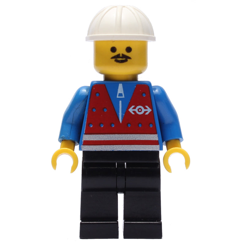 fig-004938 – Train Worker - Red Vest, Black Legs, White Helmet, Mustache