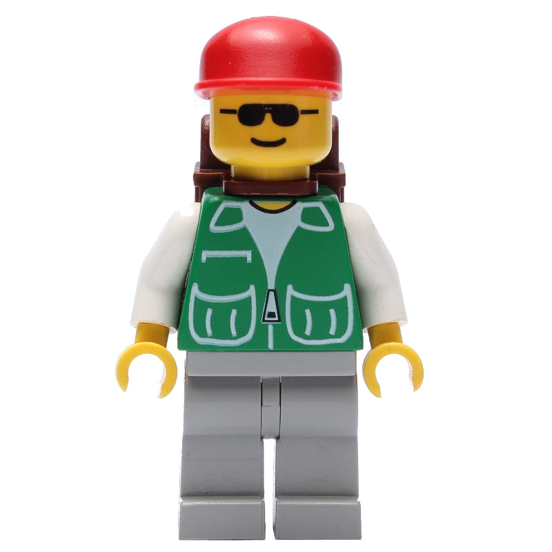 fig-004946 – Man, Green Jacket, Light Grey Legs, Sunglasses, Brown Backpack