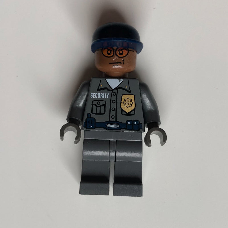 fig-004957 – Security Guard Dark Bluish Gray Shirt with Badge, Dark Blue Cap, Orange Sunglasses