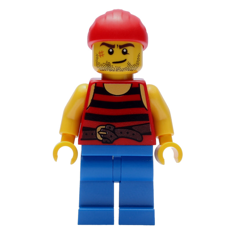fig-005087 – Pirate - Red/Black Stripes, Blue Legs, Red Bandana, Scar
