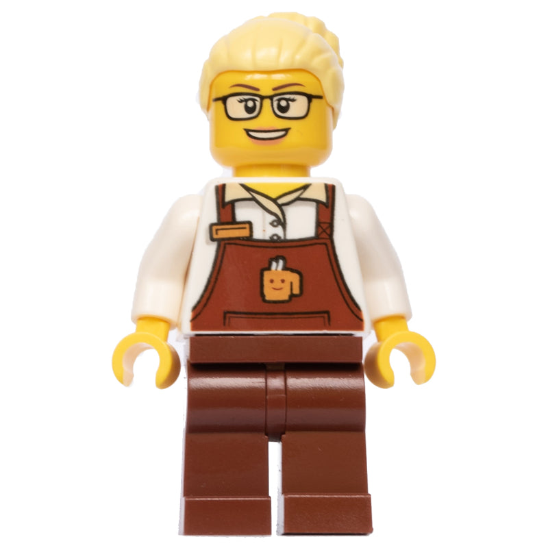 fig-005129 – Barista, Woman, White Torso, Reddish Brown Apron, Bright Light Yellow Hair