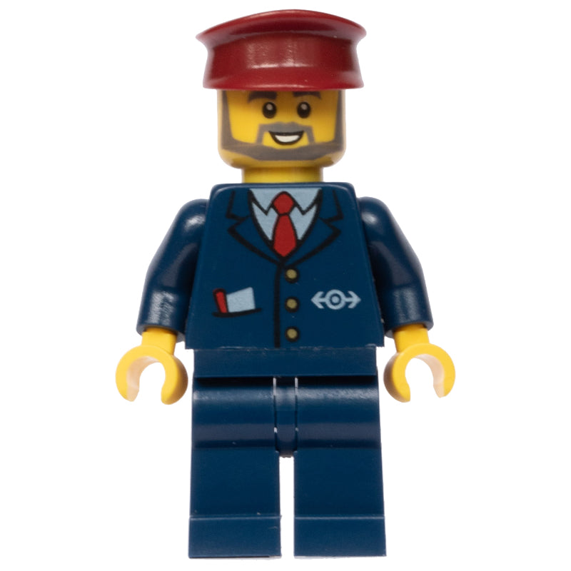 fig-005130 – Conductor - Dark Blue Jacket, Dark Blue Legs, Dark Red Hat, Glasses, Beard