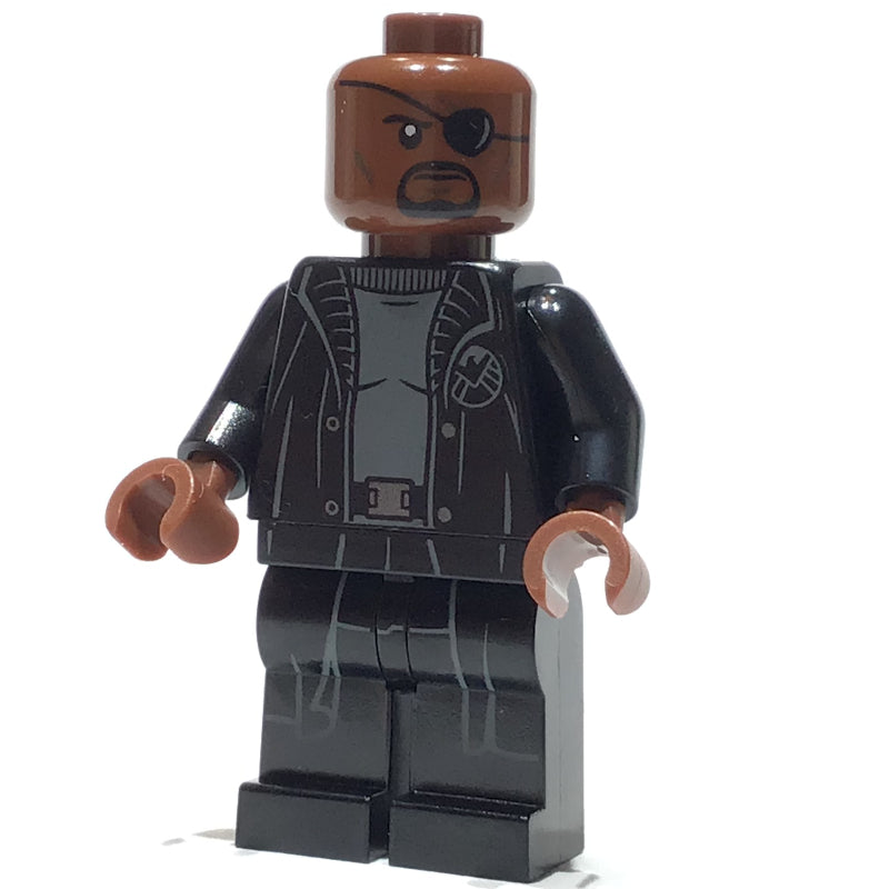 fig-005575 – Nick Fury in Long Black Coat Over Gray Sweater, Line on Hips