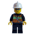 fig-005874 – Fireman with Reflective Stripe Vest with Pockets and Radio on Shoulder Strap, White Helmet, and Glasses