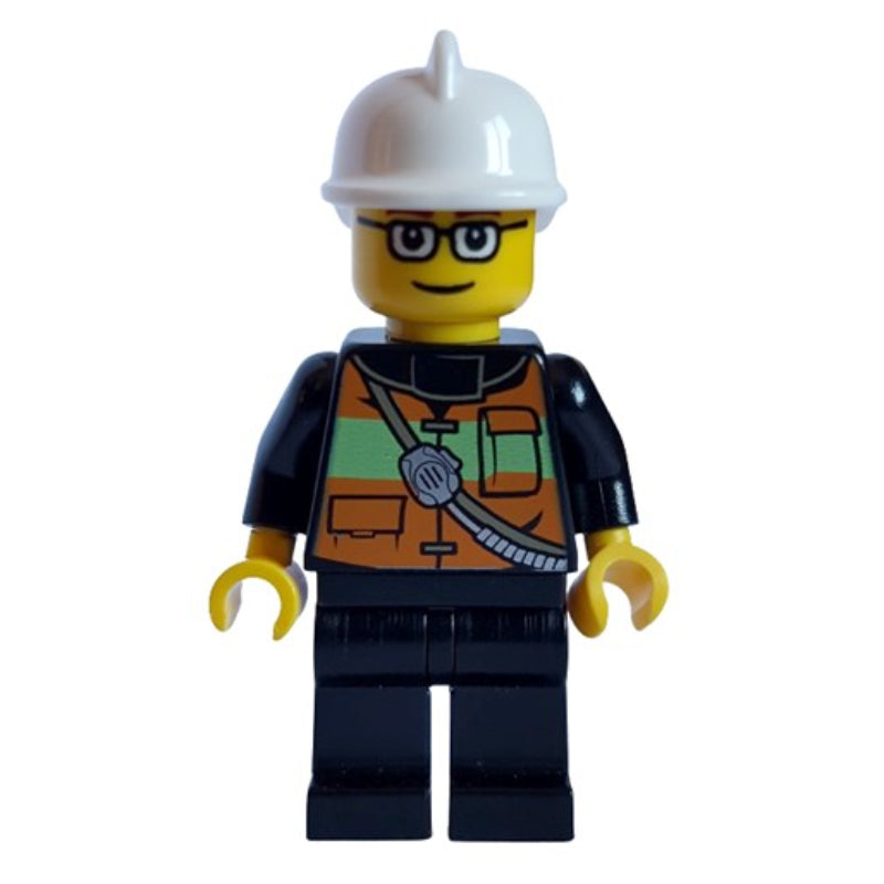 fig-005874 – Fireman with Reflective Stripe Vest with Pockets and Radio on Shoulder Strap, White Helmet, and Glasses