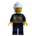 fig-005875 – Fireman with Reflective Stripe Vest with Pockets and Radio on Shoulder Strap, White Fire Helmet, and Beard