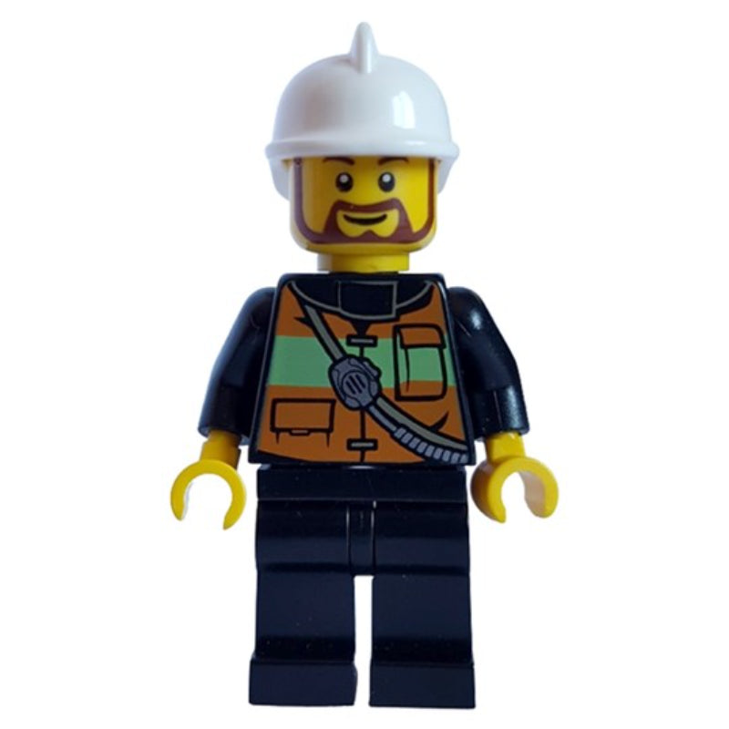 fig-005875 – Fireman with Reflective Stripe Vest with Pockets and Radio on Shoulder Strap, White Fire Helmet, and Beard