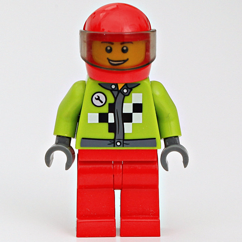 fig-005878 – Racer with Lime Jacket with Black and White Checks, Red Helmet with Trans-Brown Visor