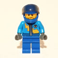 fig-005879 – Racer with Dark Azure Jacket with Zipper and Yellow Lightning Bolt, Blue Helmet with Trans-Brown Visor