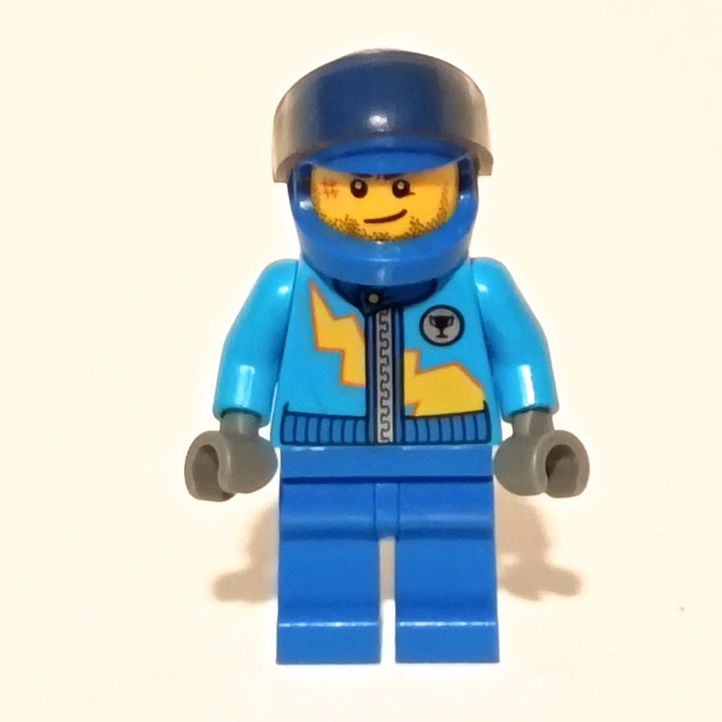 fig-005879 – Racer with Dark Azure Jacket with Zipper and Yellow Lightning Bolt, Blue Helmet with Trans-Brown Visor