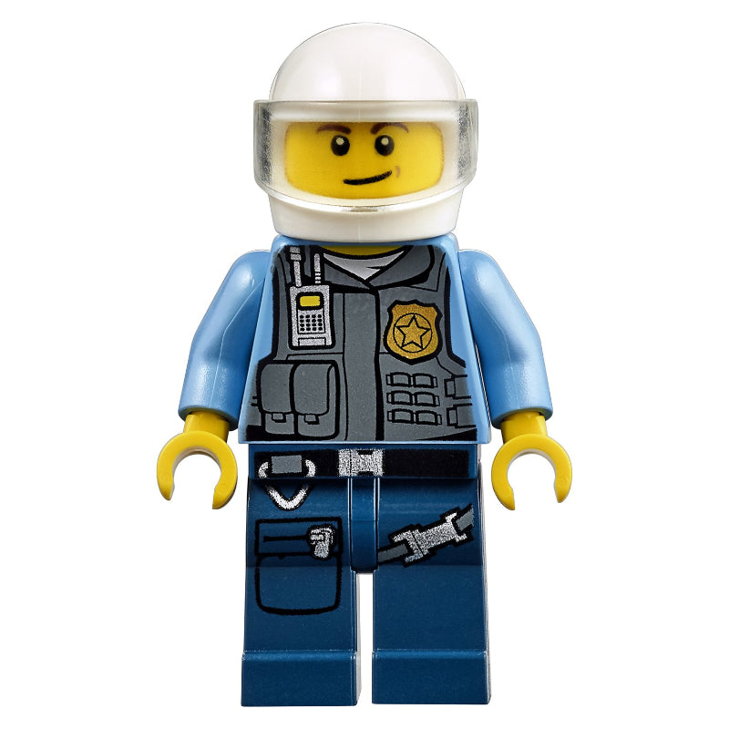 fig-005881 – Policeman in Vest with Gold Badge, Radio, and Pockets. White Helmet with Trans-Clear Visor
