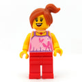 fig-005882 – Child with Bright Pink Top with Butterflies and Flowers, Red Legs, Off-center Ponytail