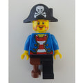 fig-005886 – Pirate with Blue Jacket over Red and White Striped Shirt, Peg Leg, and Pirate Hat with Skull