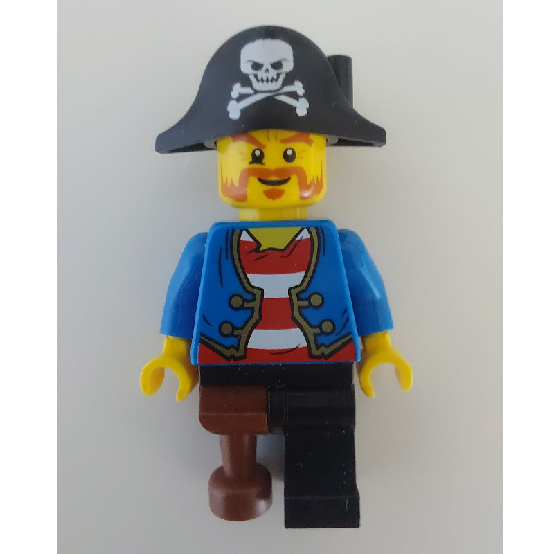 fig-005886 – Pirate with Blue Jacket over Red and White Striped Shirt, Peg Leg, and Pirate Hat with Skull